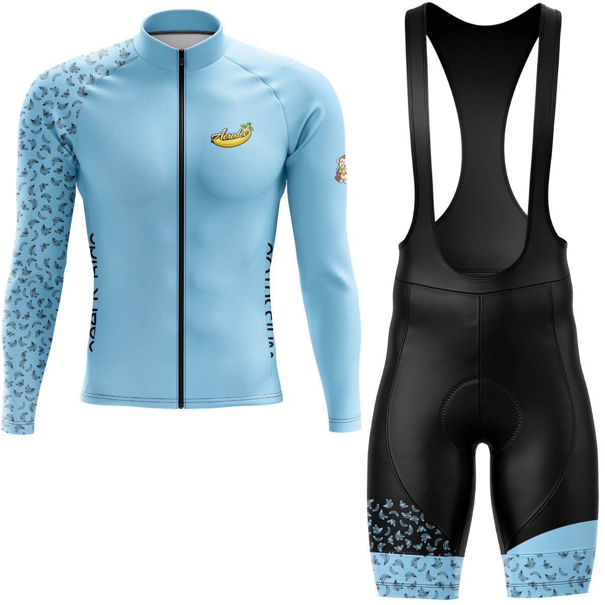 Light blue cycling jersey with black bib shorts on a white background