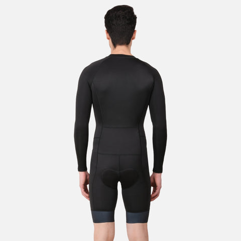 Back view of the Aerodoc Black Men Triathlon Suit in full-sleeve style, featuring storage pockets and a sleek aerodynamic design.