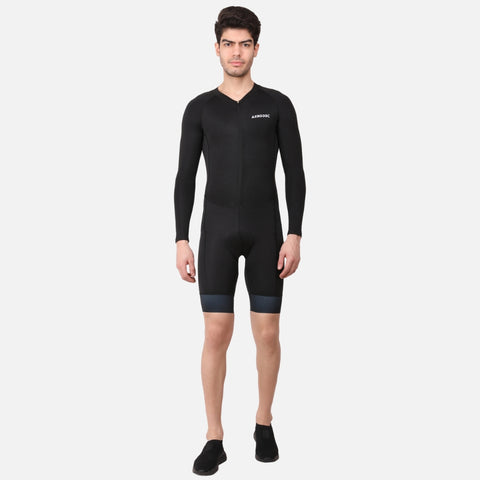 Front view of the Aerodoc Black Men Triathlon Suit in full-sleeve design, offering extra coverage and protection for triathlon activities.