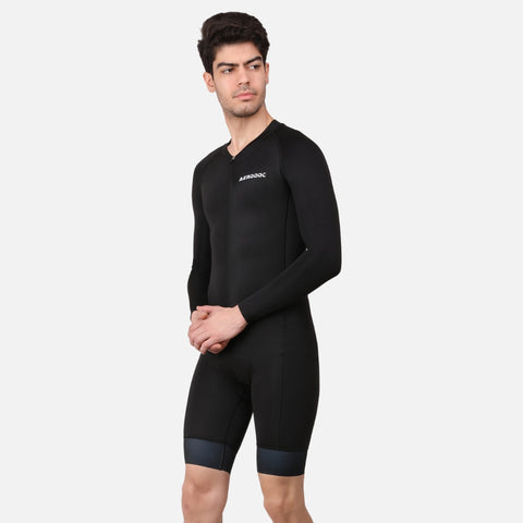 Side view of the Aerodoc Black Men Triathlon Suit in full-sleeve design, showcasing its stretchable and breathable fabric.