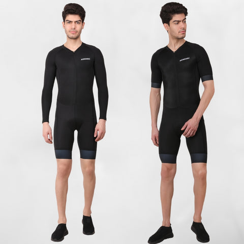 Front view of the Aerodoc Black Men Triathlon Suit with full sleeves and half sleeves, designed for optimal performance in swimming, cycling, and running.