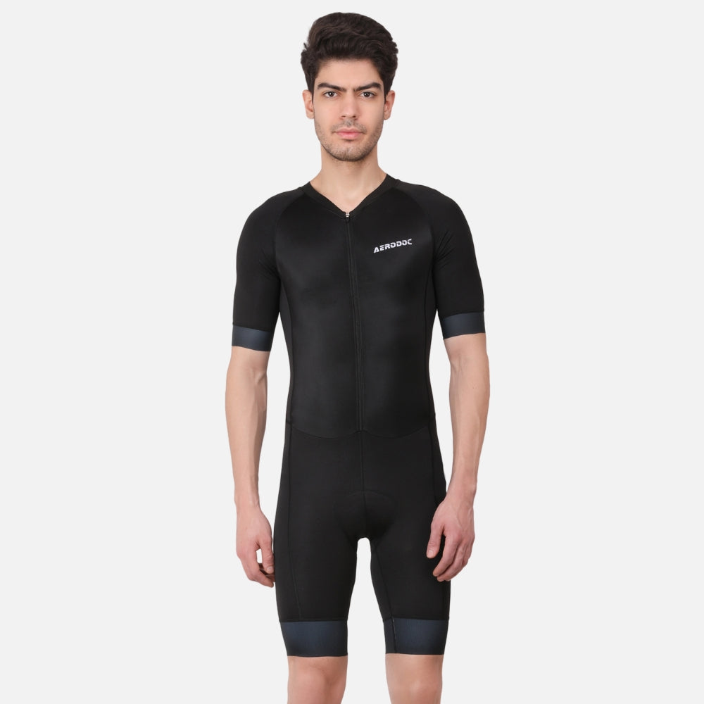 Front view of the Aerodoc Black Men Triathlon Suit in half-sleeve design, ideal for swimming, cycling, and running.