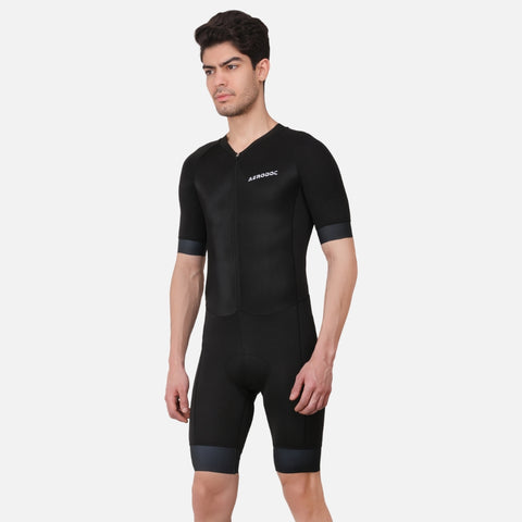 Side view of the Aerodoc Black Men Triathlon Suit in half-sleeve design, highlighting its aerodynamic fit and lightweight fabric.