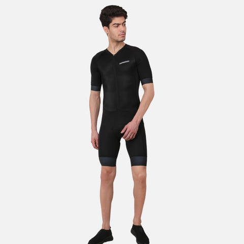 Model wearing the Aerodoc Black Men Triathlon Tri Suit, illustrating its perfect fit and professional appearance for triathletes