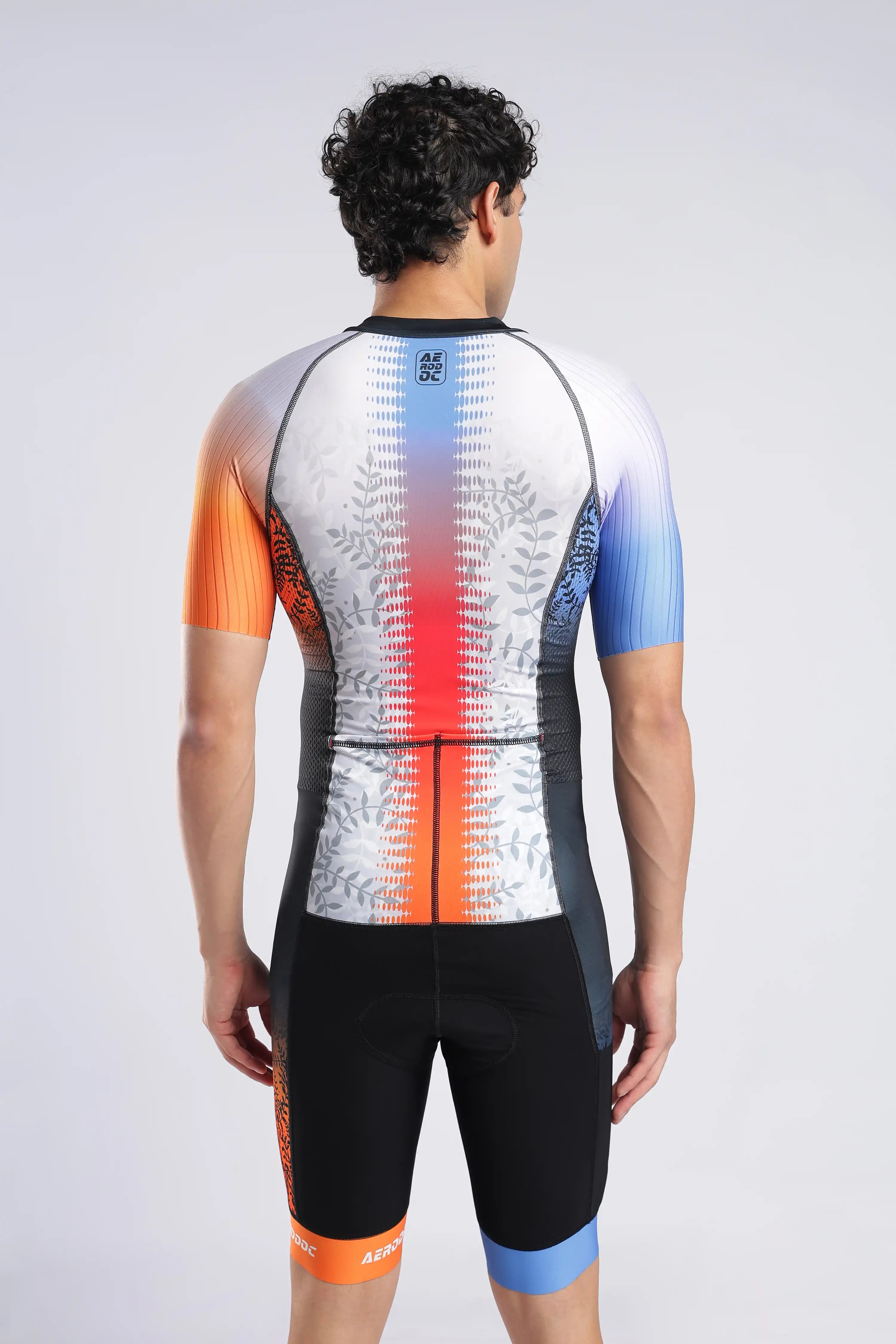 Aerodoc blazewave Tri Suit back view with cycling design