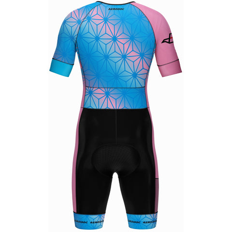Aerodoc Blue Pink Tri Suit back View – High-Performance Cycling and Triathlon Gear