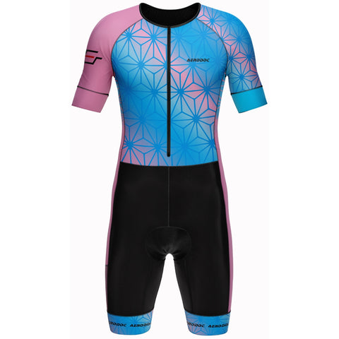 Aerodoc Blue Pink Tri Suit front View – Comfortable and Aero Fit for Racing