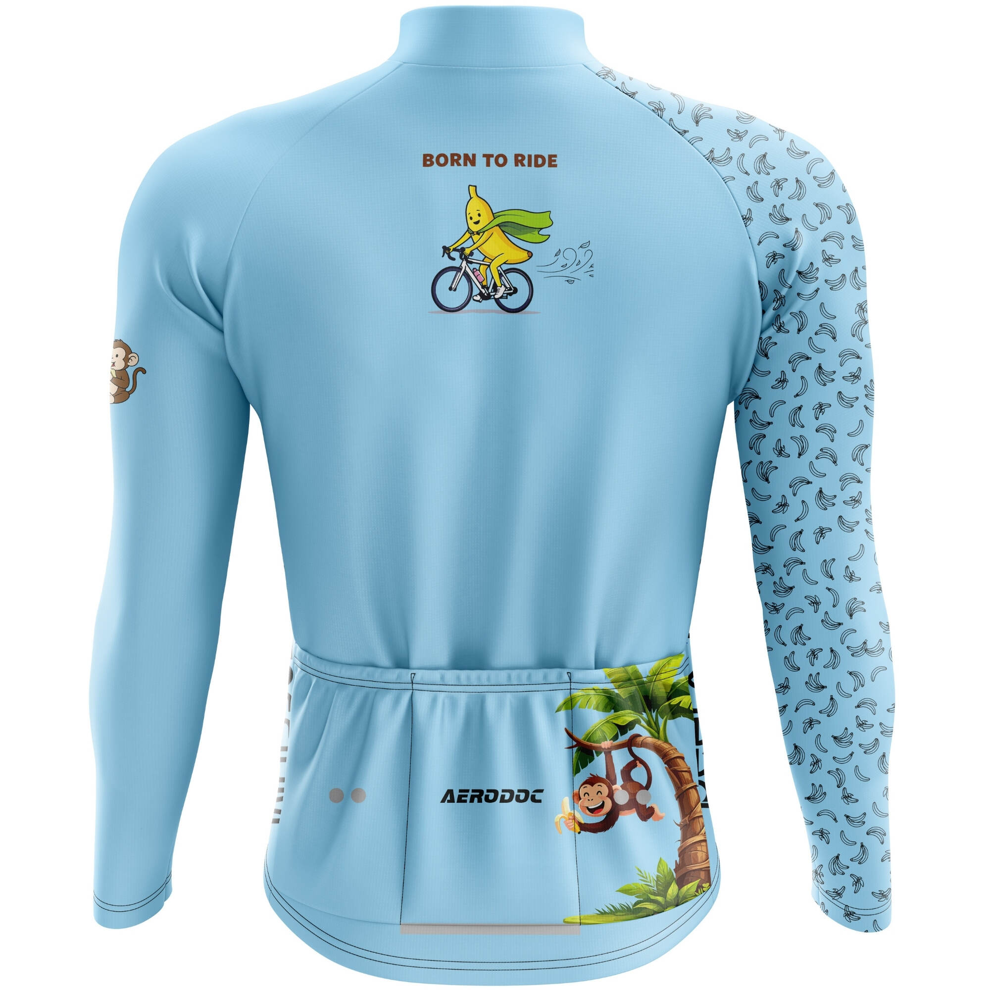 Light blue cycling jersey with cartoon designs on a white background