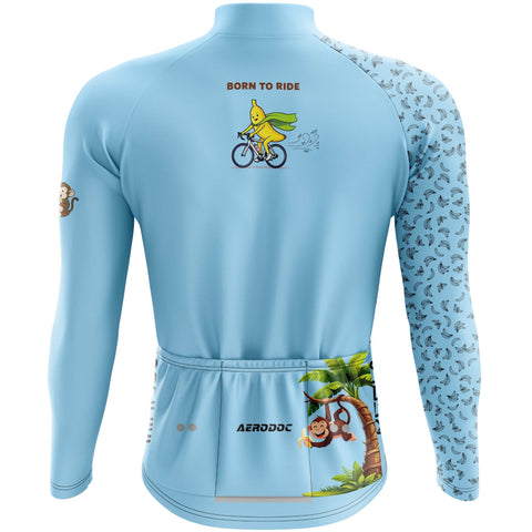 Light blue cycling jersey with cartoon designs on a white background