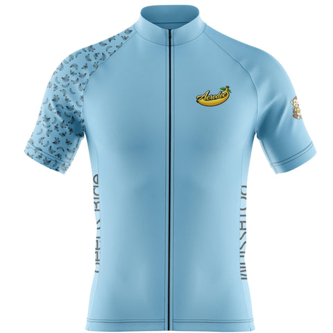 Light blue cycling jersey with brand logo on a white background