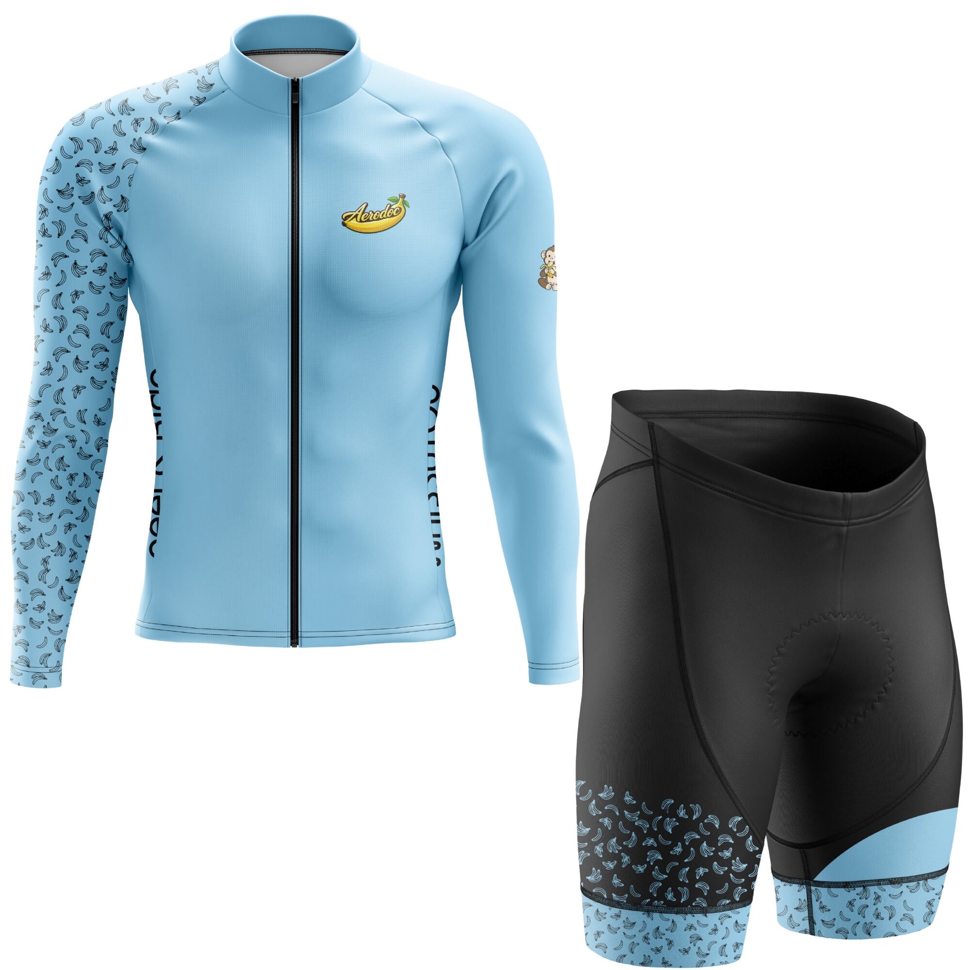 Light blue cycling jacket and black shorts with blue accents on a white background