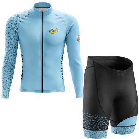 Light blue cycling jacket and black shorts with blue accents on a white background