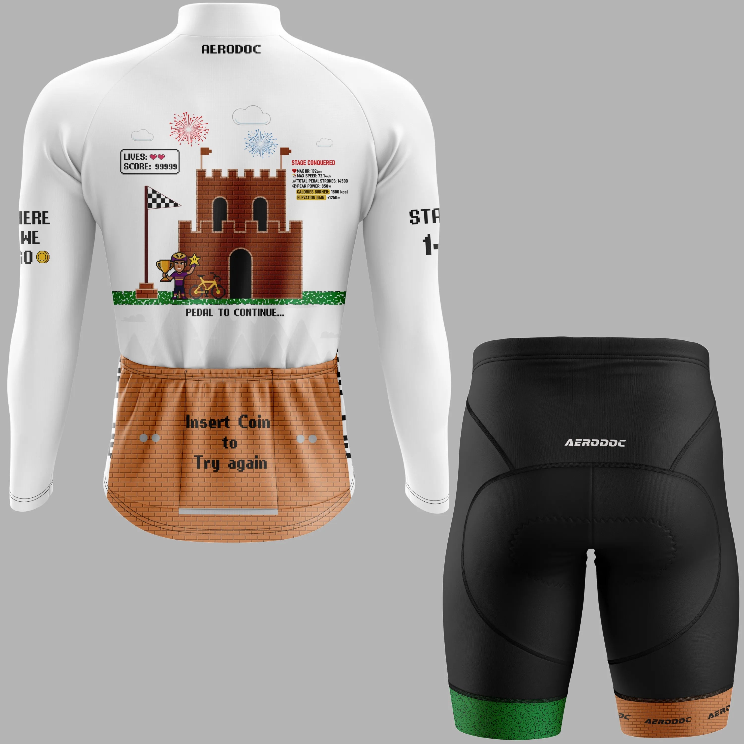 A custom long-sleeve cycling jersey and matching shorts set by AERODOC, displayed on a neutral gray background. The jersey is white with a pixel-art castle graphic on the back and a tan grid pattern at the bottom hem.