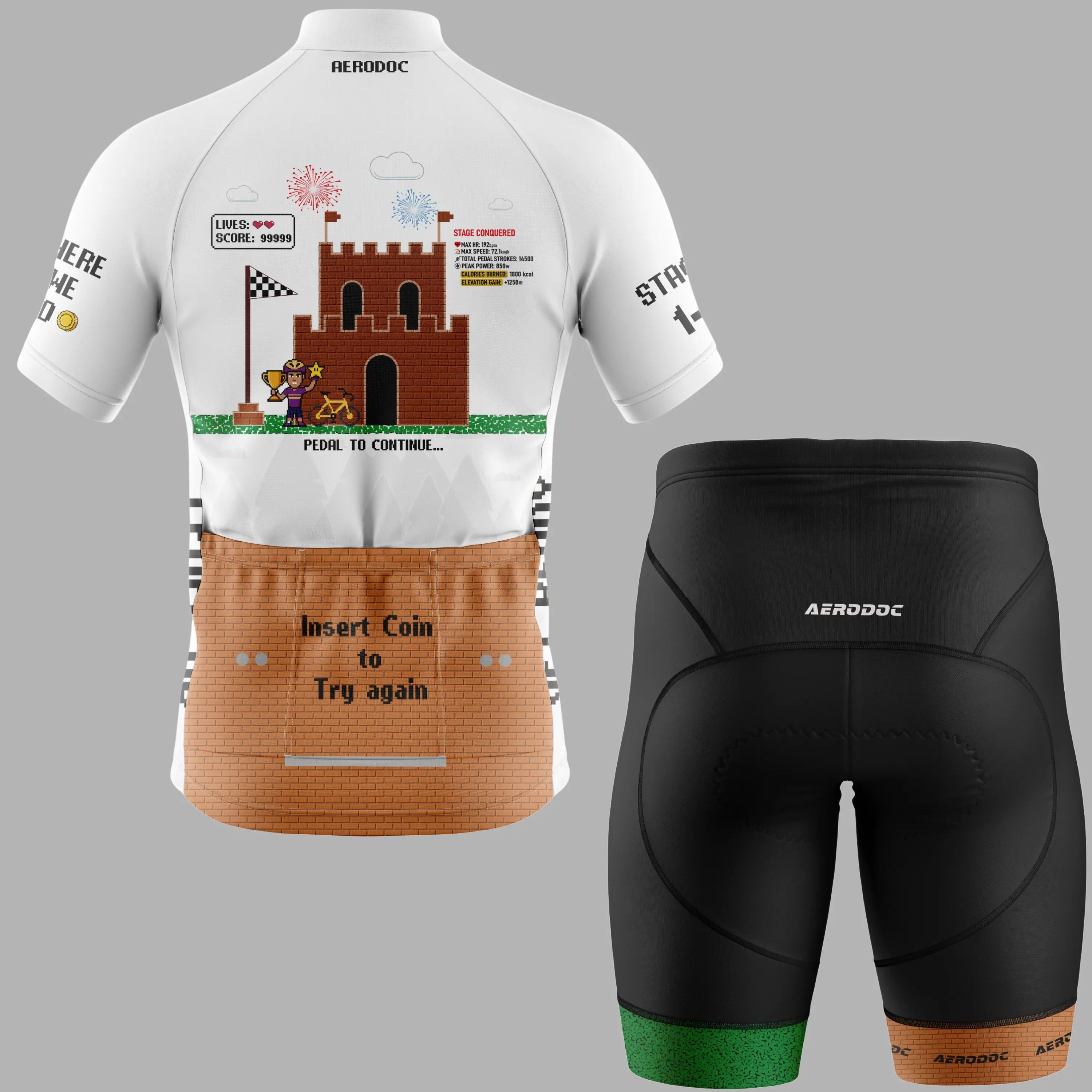 A custom cycling jersey and matching shorts set on a solid gray background. The jersey is white with a colorful retro video game-style castle graphic on the back, a brown pixelated lower section with 'Insert Coin to Try again' text, and black sleeves with white text.