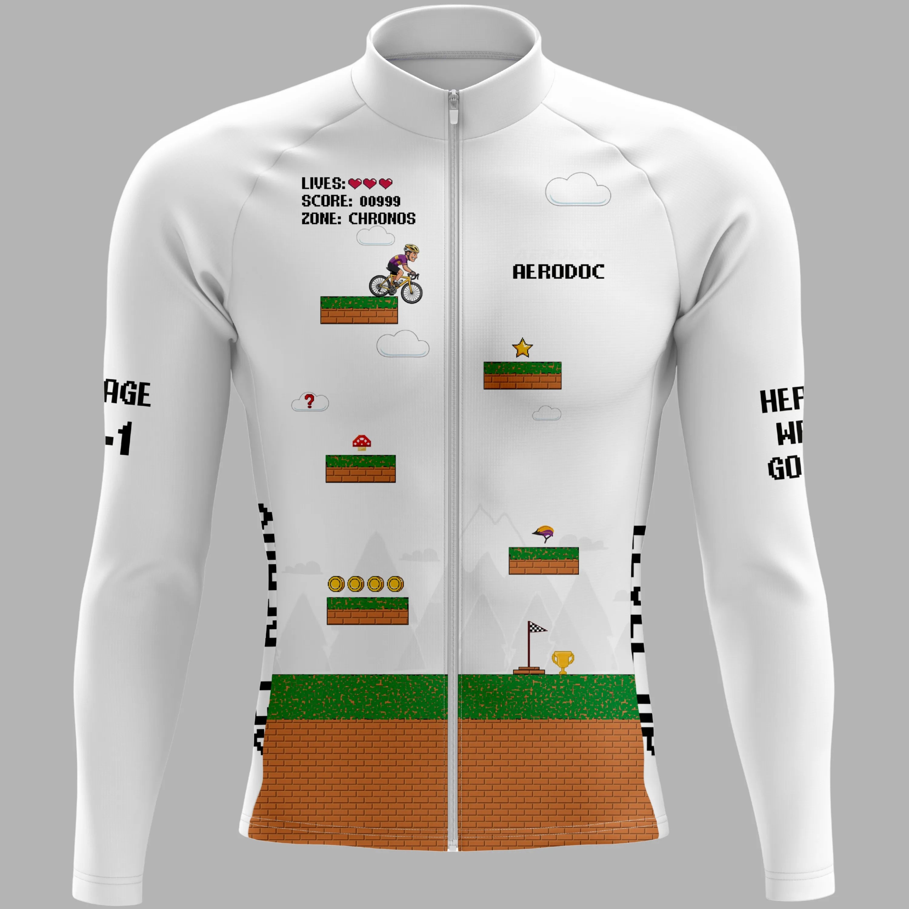 A white long-sleeve cycling jersey with a full front zipper, featuring a retro video game level graphic with pixelated platforms, a cyclist, stars, and text including 'AERODOC' on the chest, displayed on a solid gray background.