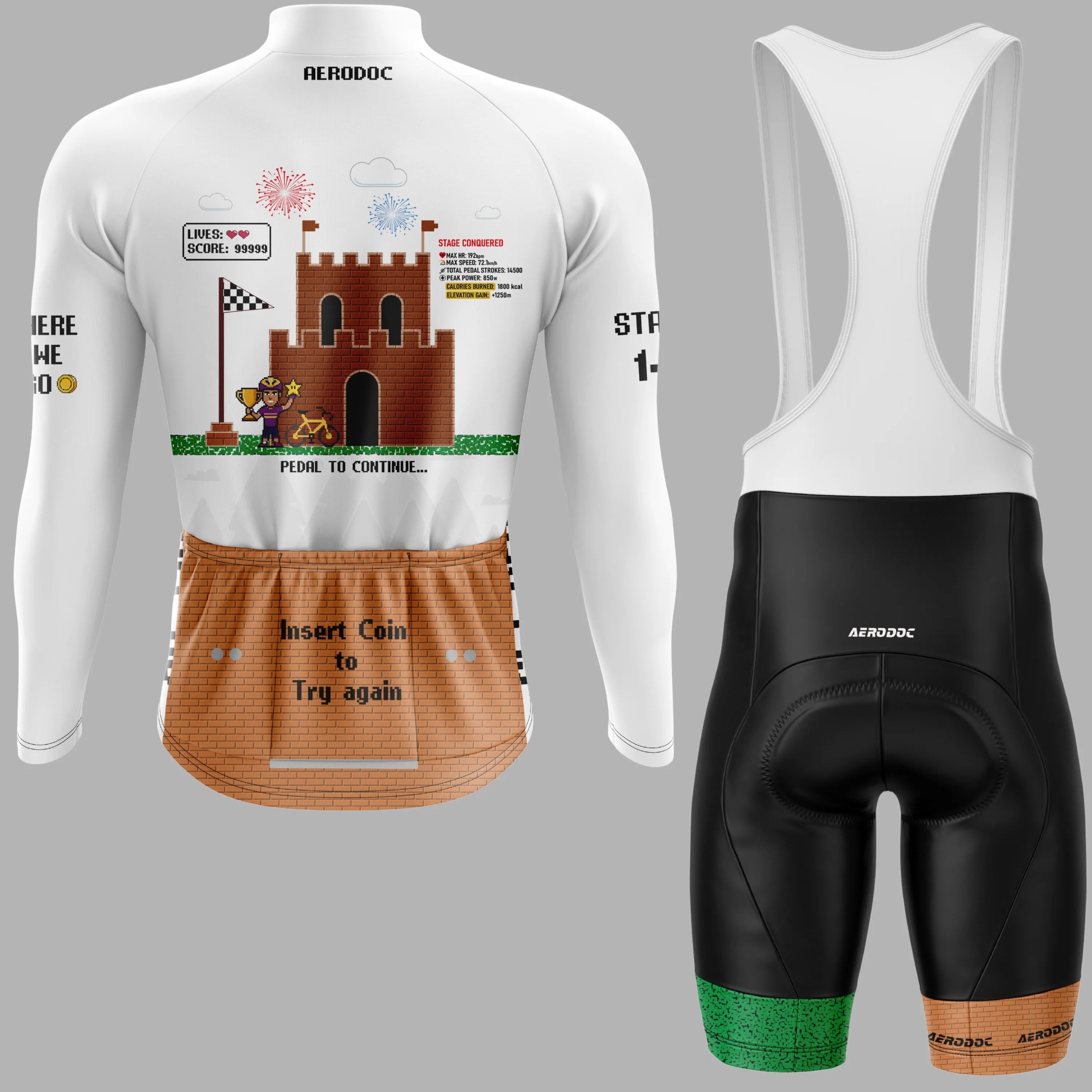 A pair of Aerodoc cycling bib shorts and matching long-sleeve jersey shown front and back on a light gray background. The jersey is white with a large retro video game-style graphic in brown, green, yellow, and black, plus orange bib shorts with black padding and small green and orange leg accents.