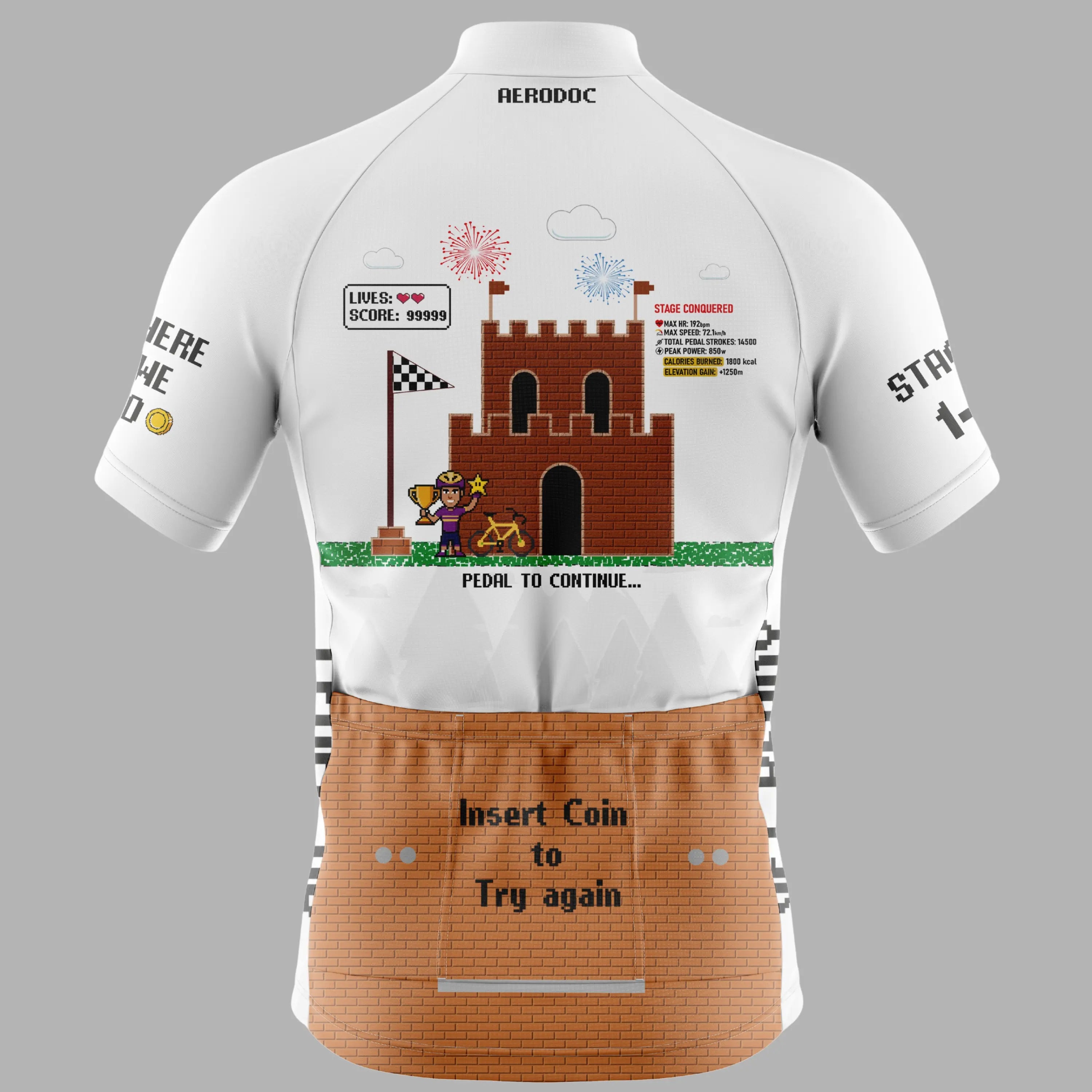 White short-sleeve cycling jersey shown from the back on a gray background, featuring a retro pixel-art castle graphic with a flag, checkered flag, coin, and text including 'INSERT COIN TO TRY AGAIN' on an orange-brown panel.