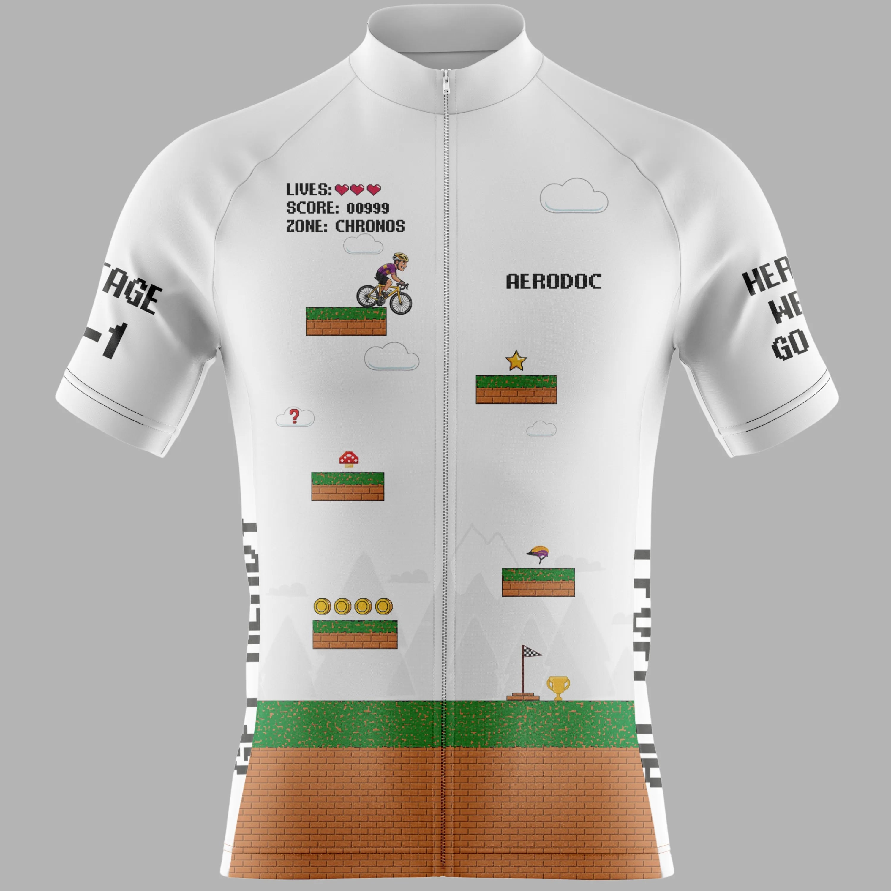 A white short-sleeve cycling jersey with a full front zipper, featuring a retro video game level design inspired by Super Mario. The design includes pixelated clouds, a cyclist, ground blocks, coins, a mushroom, and a flag, with text on the sleeves and chest.