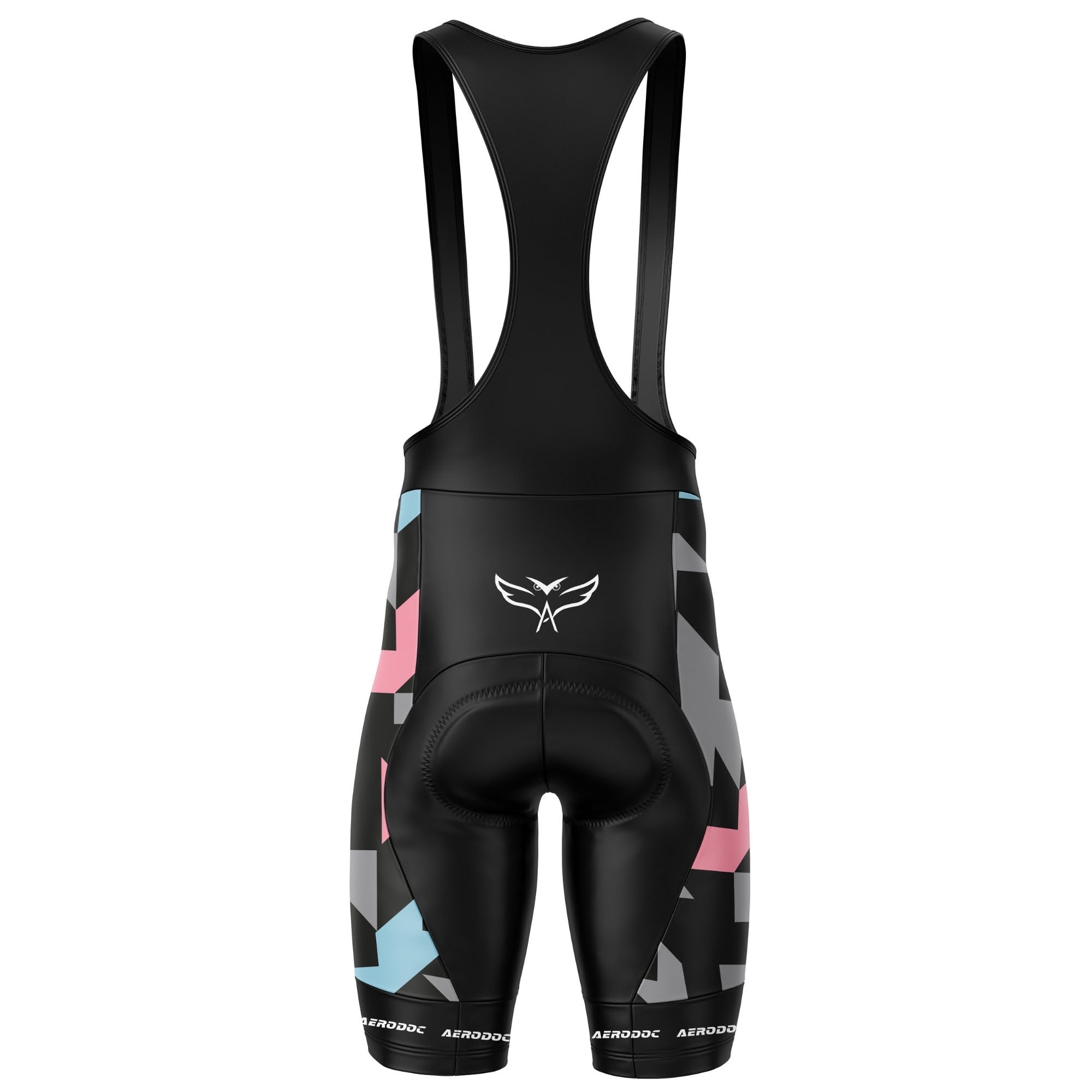 Black cycling bib shorts with geometric pattern on a white background