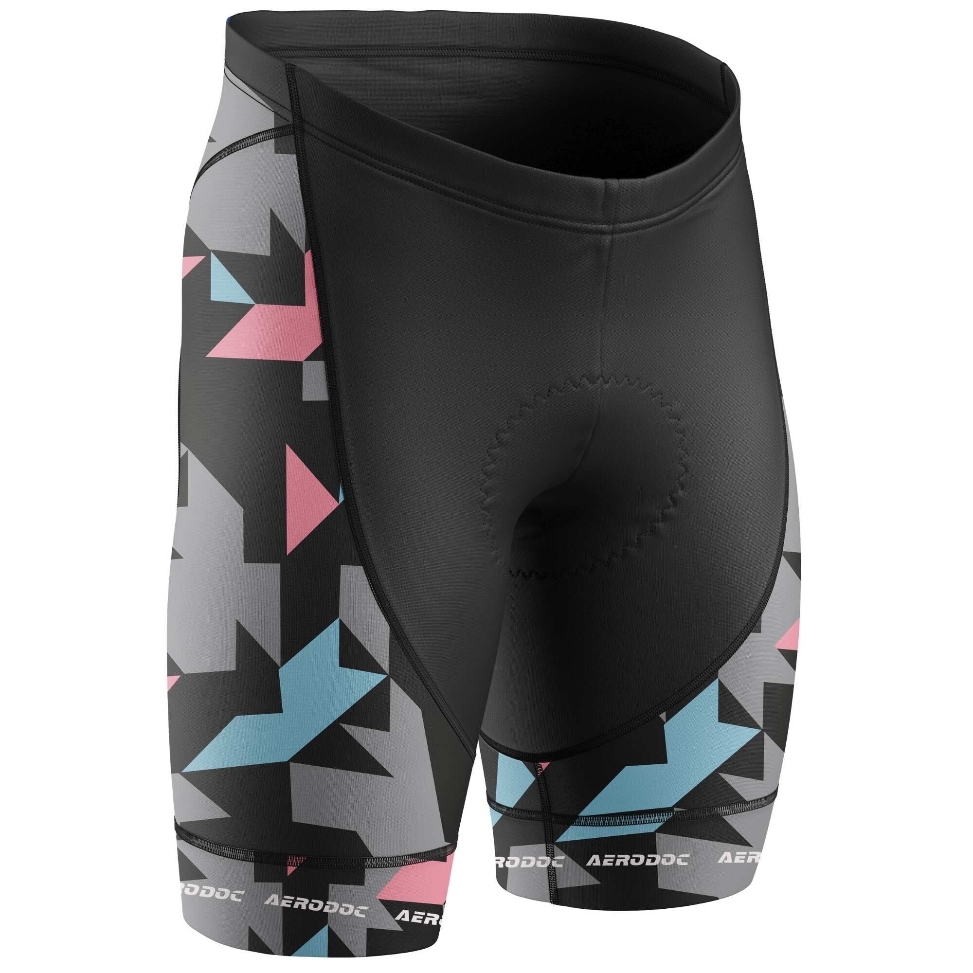 Cycling shorts with geometric pattern on a white background