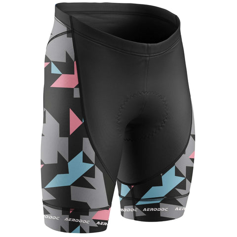 Cycling shorts with geometric pattern on a white background