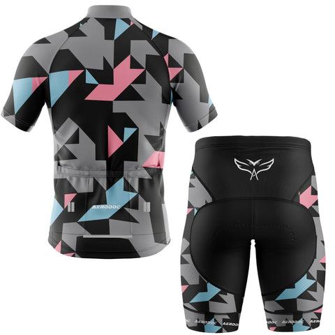 Cycling jersey and shorts with geometric pattern on a white background