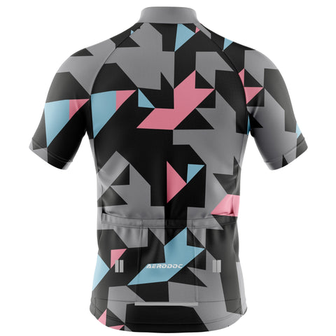 Cycling jersey with geometric pattern on a white background