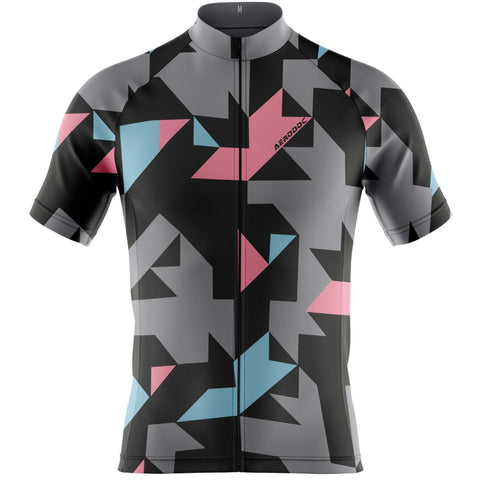 Cycling jersey with geometric pattern on a white background