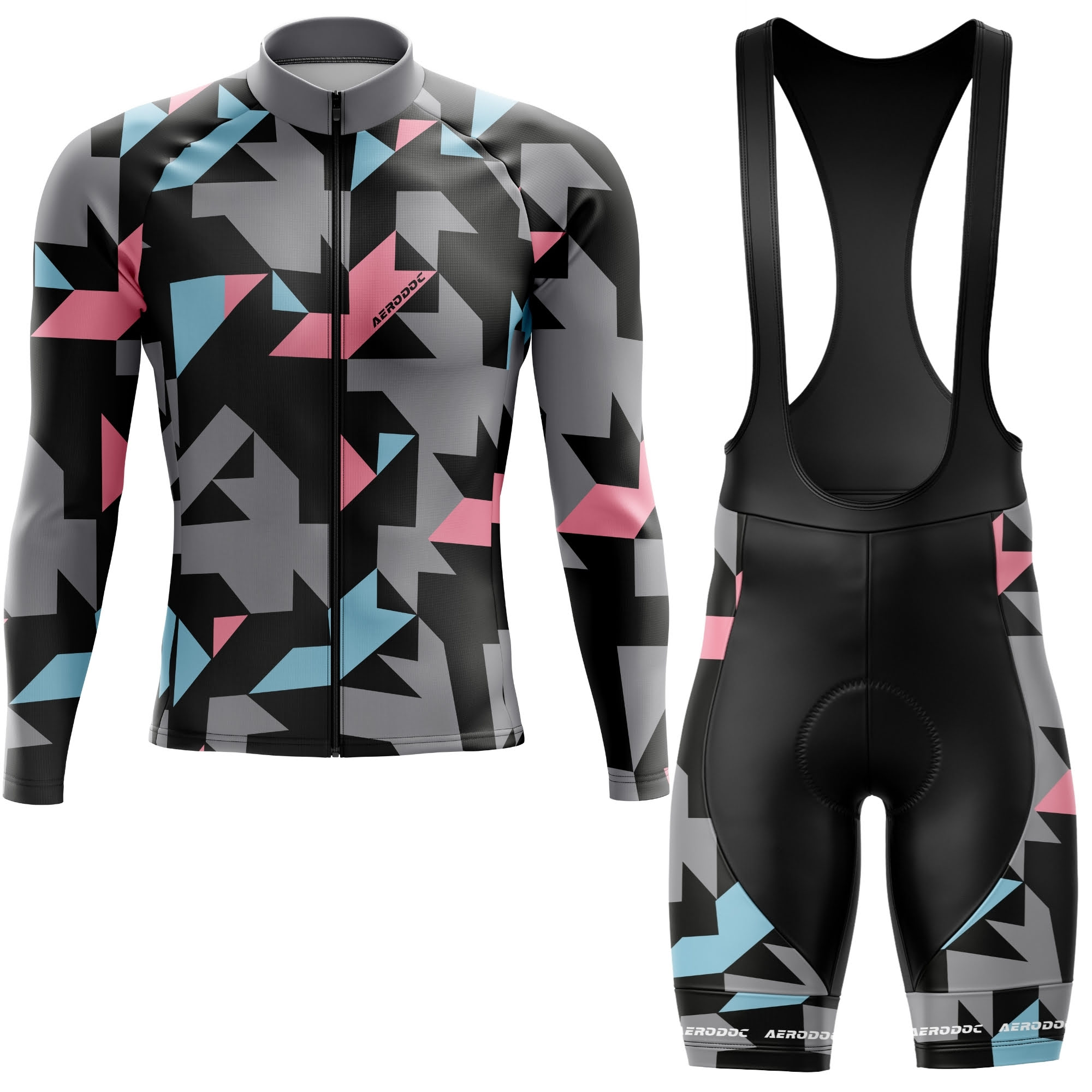 Cycling outfit with geometric pattern on a white background