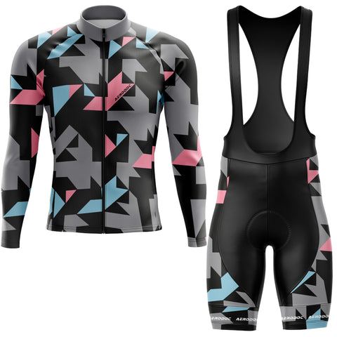 Cycling outfit with geometric pattern on a white background