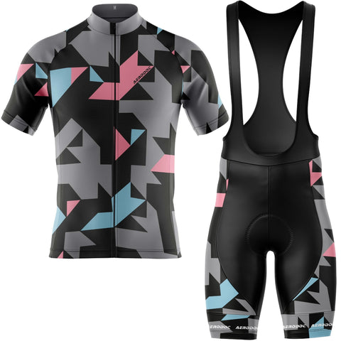 Cycling jersey and bib shorts with geometric pattern on a white background
