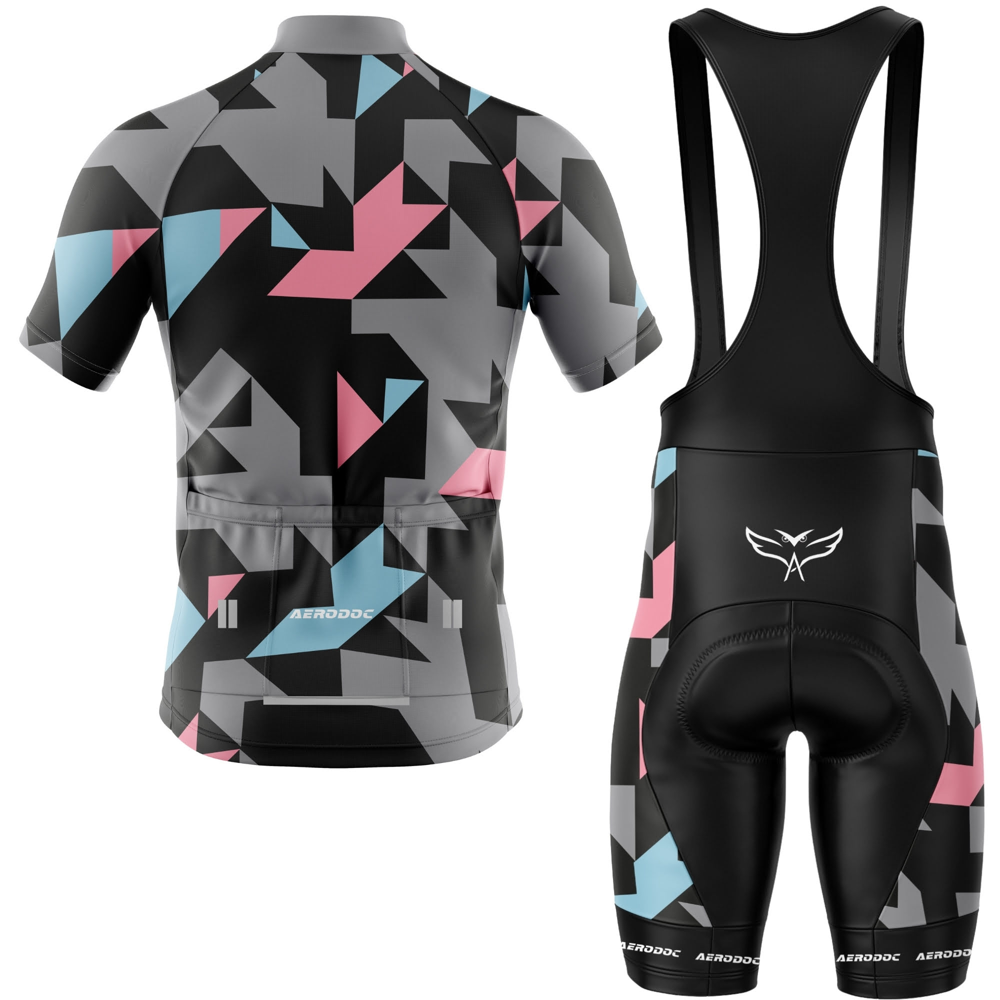 Cycling outfit with geometric pattern on jersey and black bib shorts on a white background