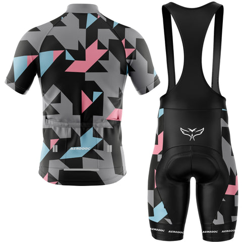Cycling outfit with geometric pattern on jersey and black bib shorts on a white background