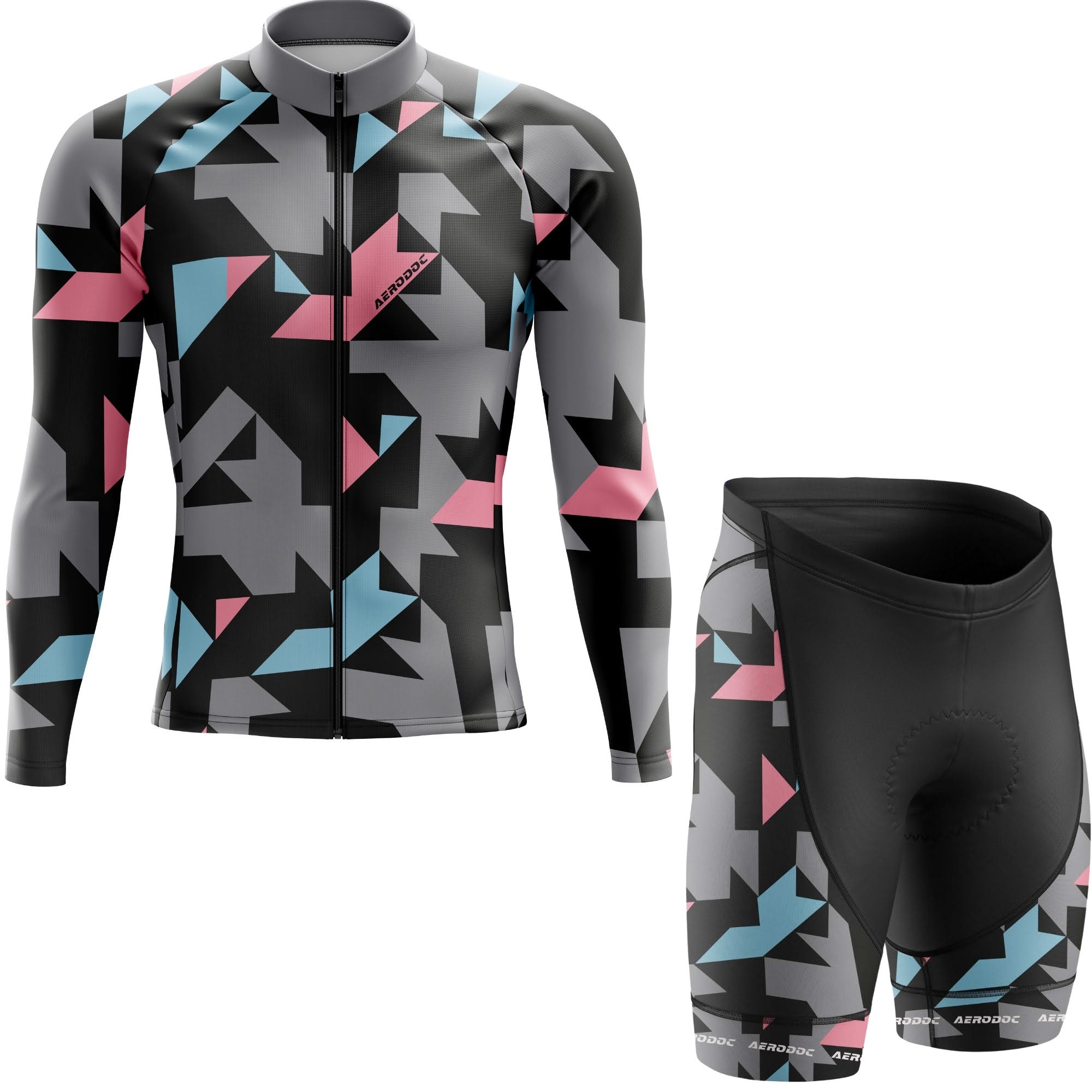 Cycling outfit with geometric pattern on a white background