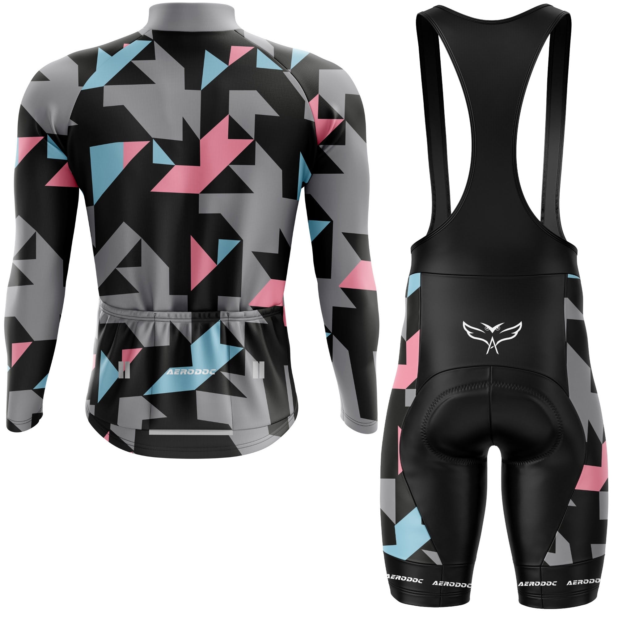 Cycling outfit with geometric pattern on a white background