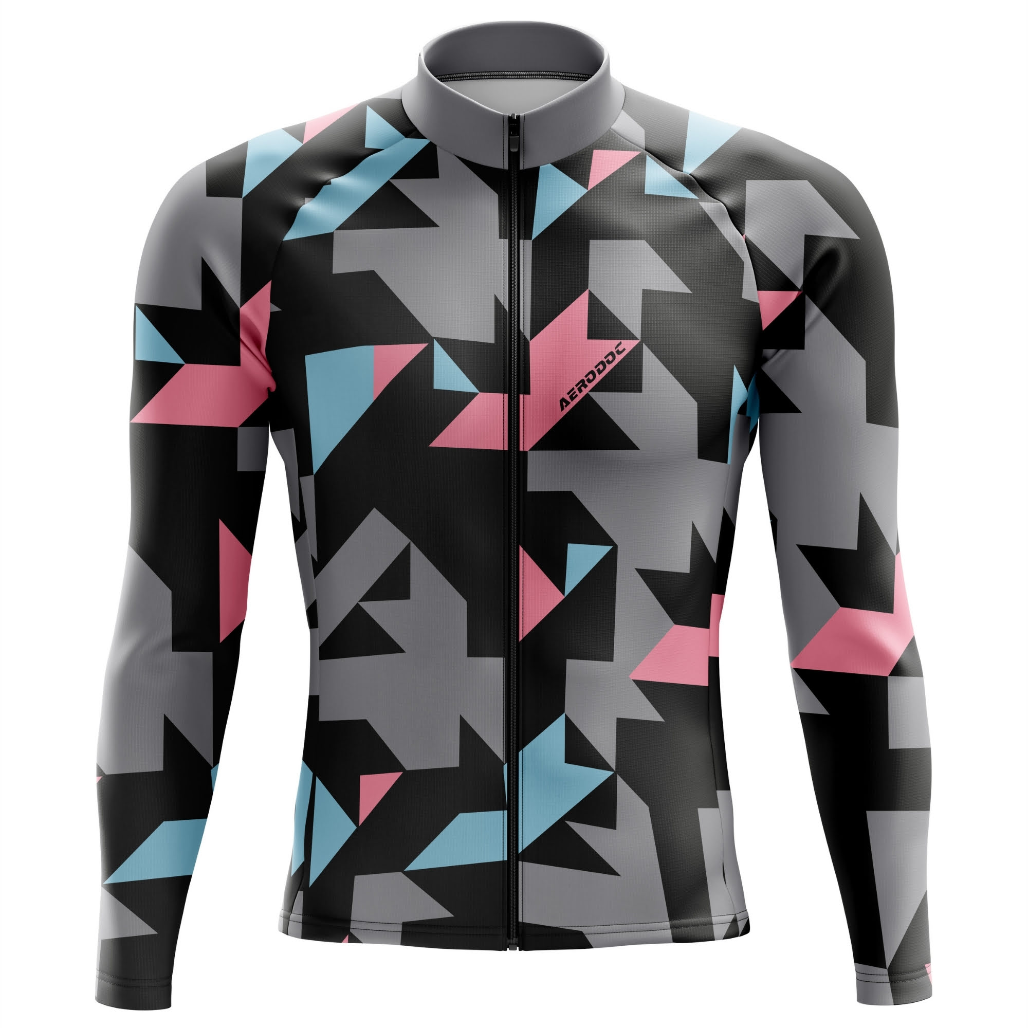 Cycling jacket with geometric pattern on a white background