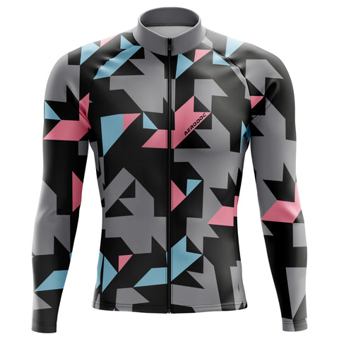 Cycling jacket with geometric pattern on a white background