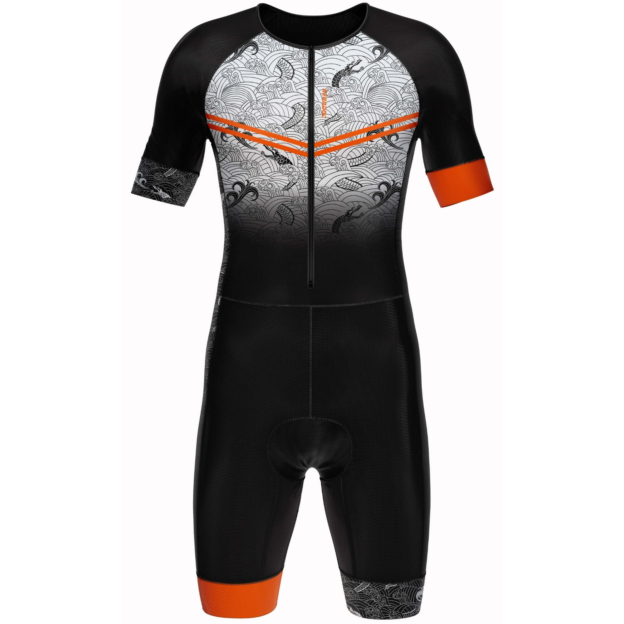 Black and orange athletic suit with white pattern on a white background