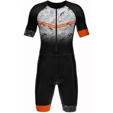 Black and orange athletic suit with white pattern on a white background