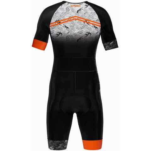 Black and orange cycling suit with a pattern on a white background