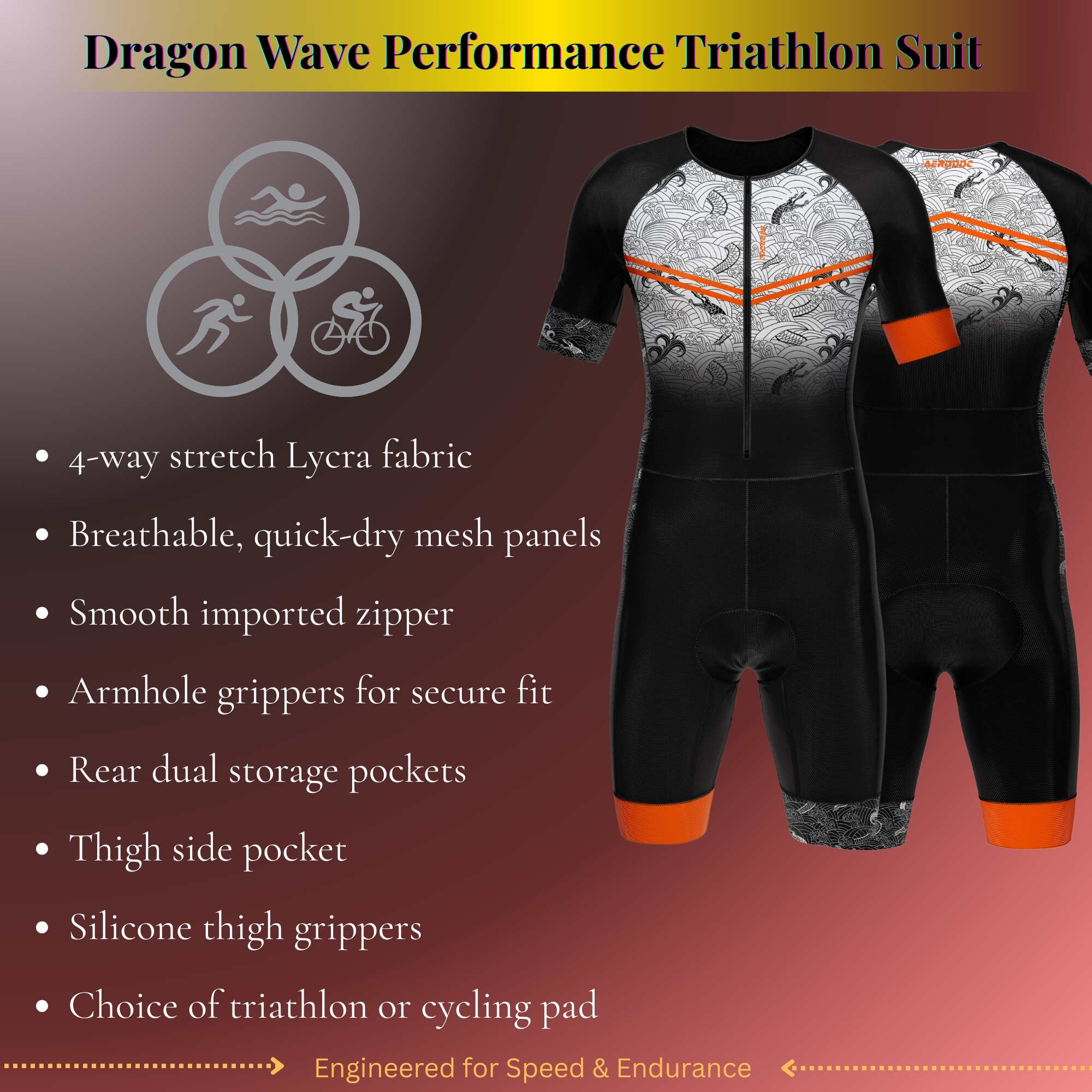 Dragon Wave Performance Triathlon Suit with features listed on a red background