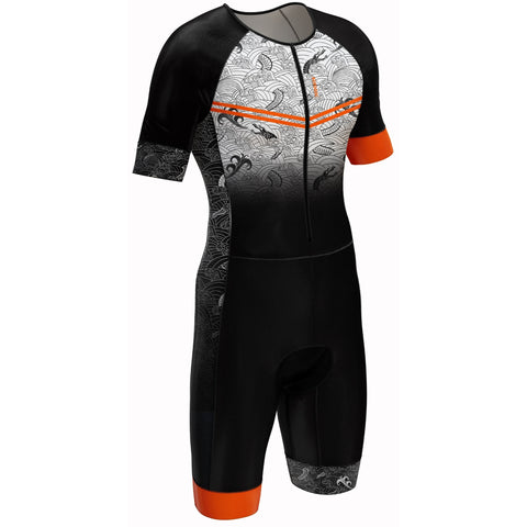 Black and gray cycling suit with orange accents on a white background