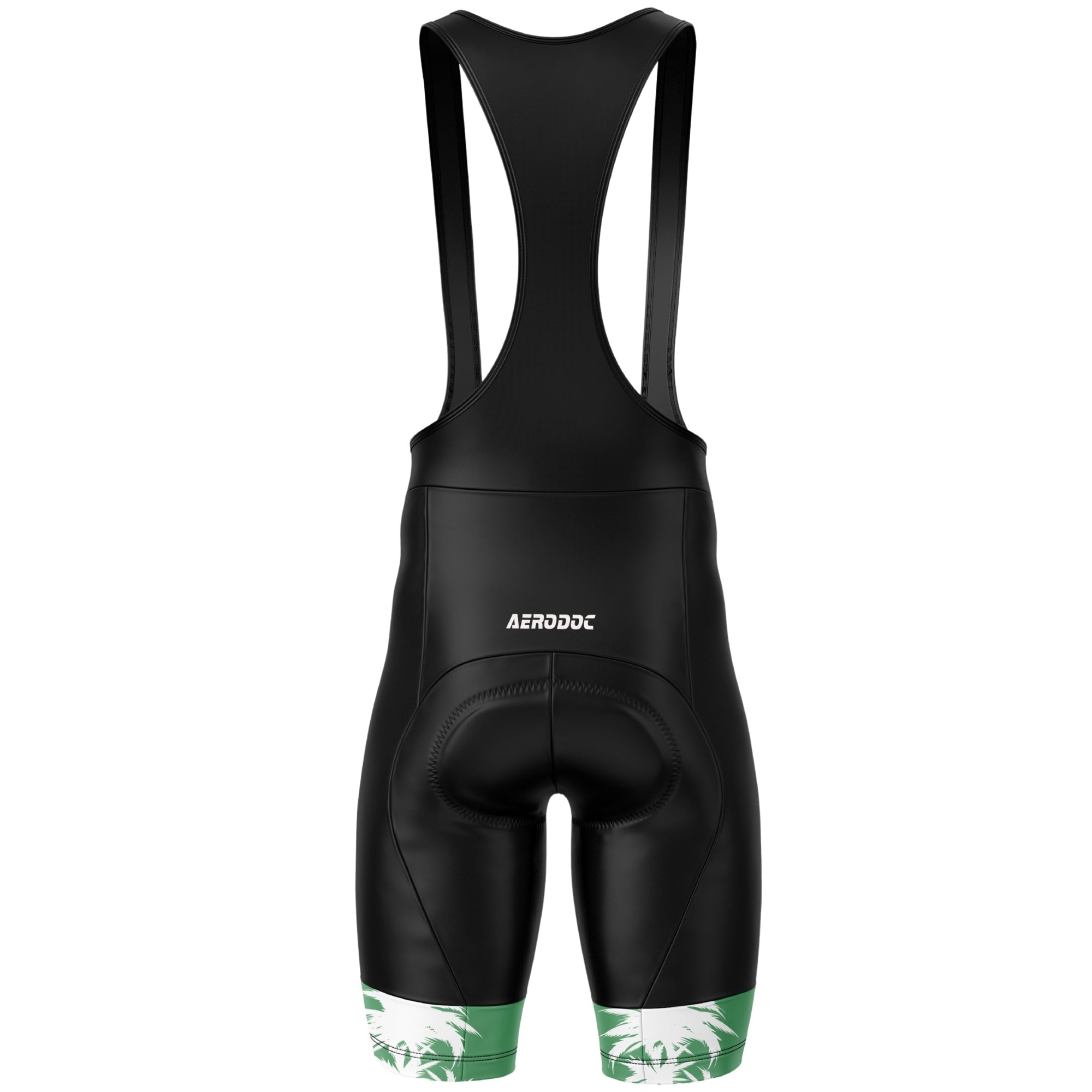 Black cycling bib shorts with green accents on a white background