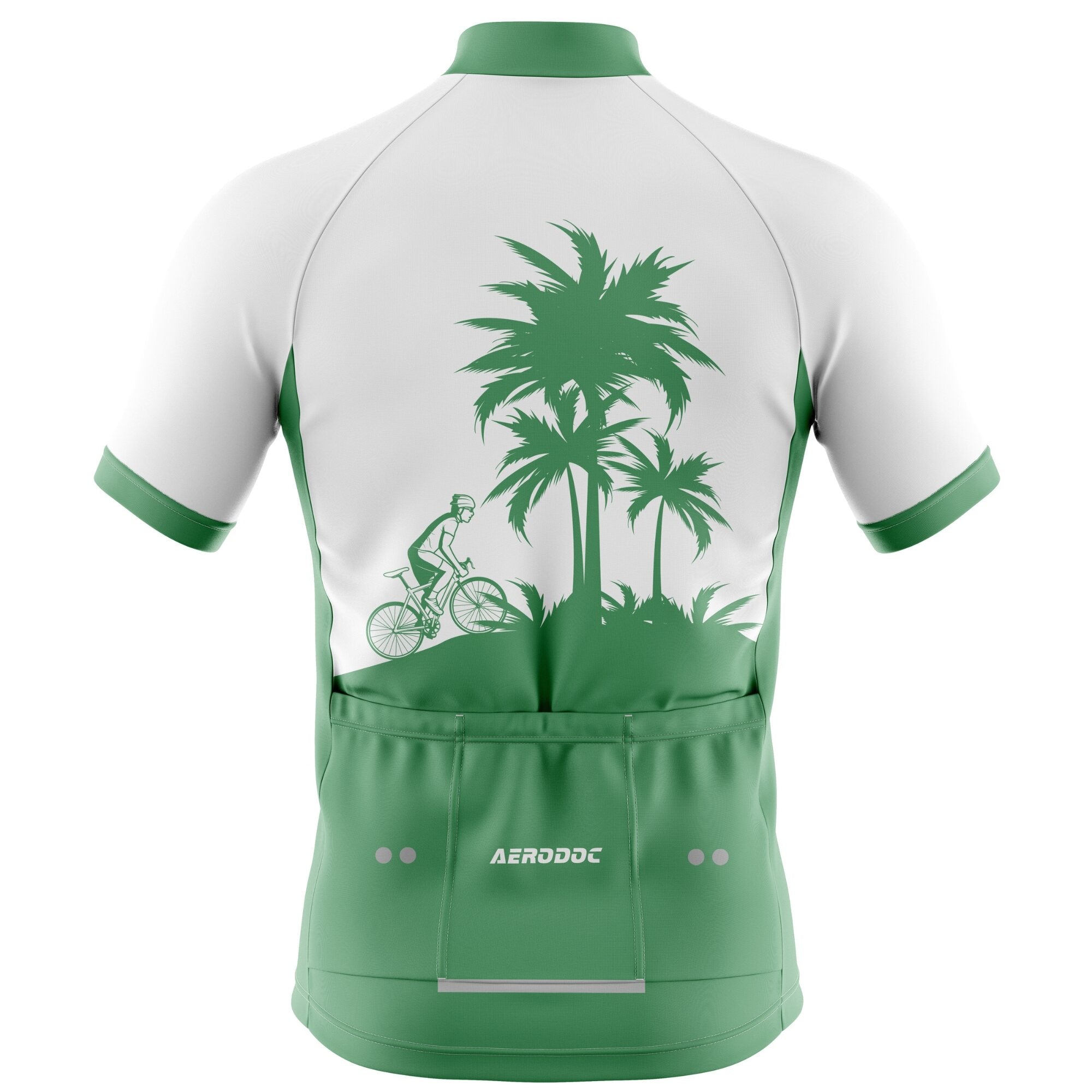 Green and white cycling jersey with palm tree design on a white background