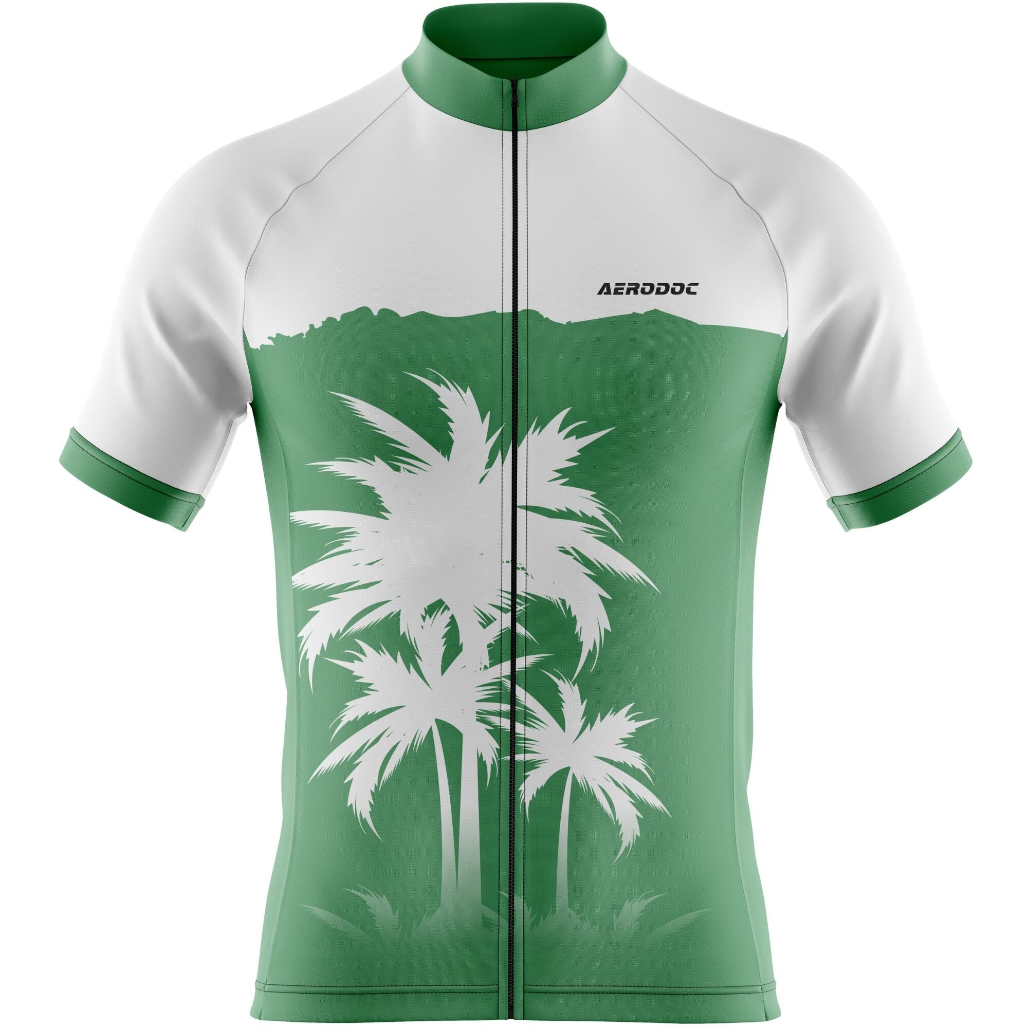 Green and white cycling jersey with palm tree design on a white background