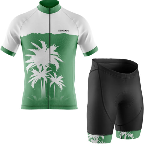 Cycling jersey with palm tree design and matching shorts on a white background