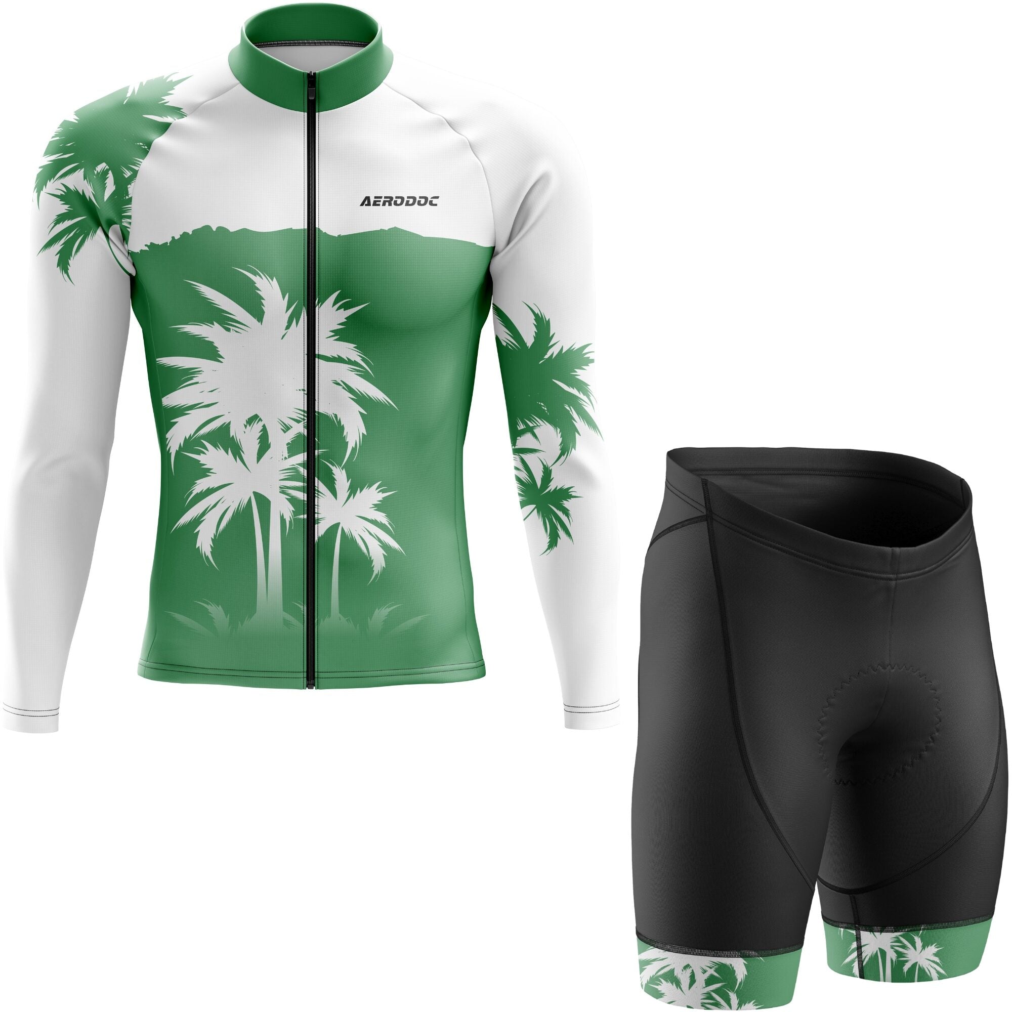 Cycling jersey with palm tree design and black shorts on a white background