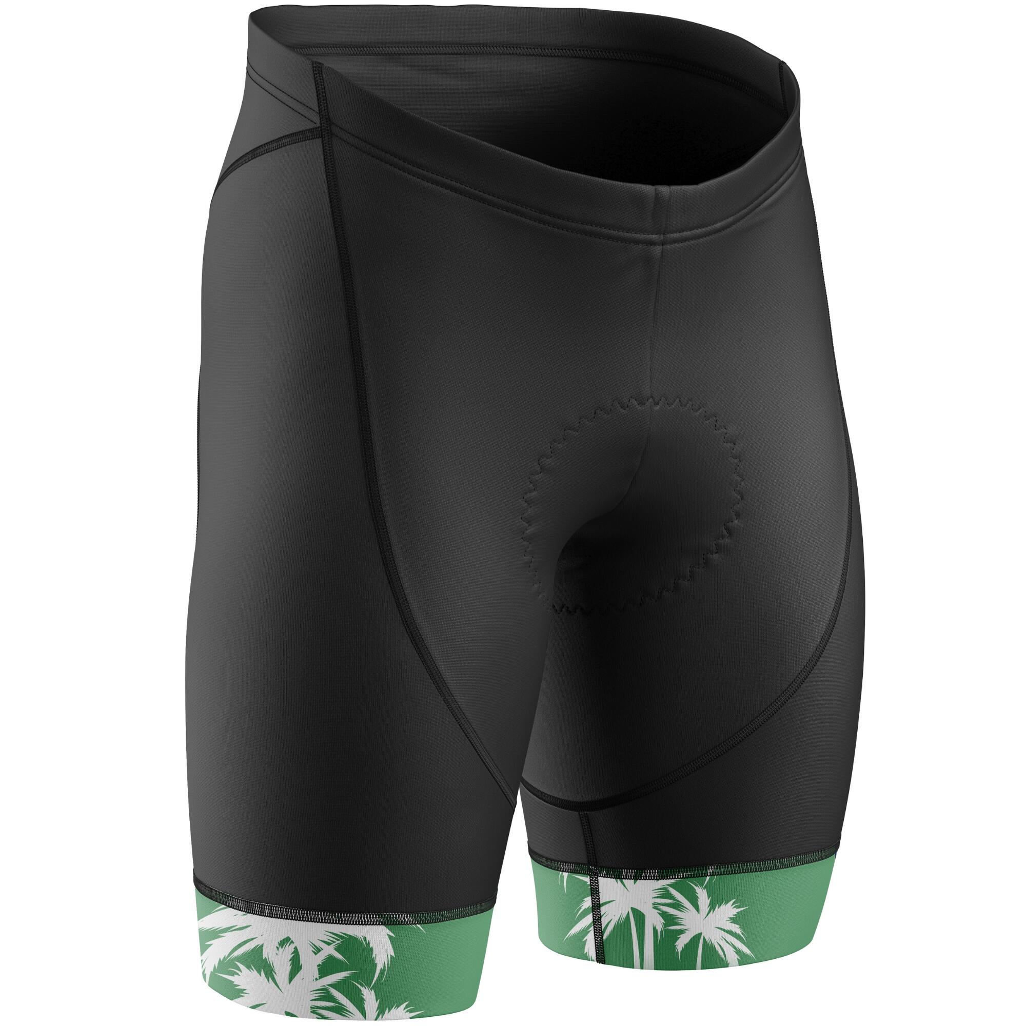 Black cycling shorts with green and white floral design on a white background