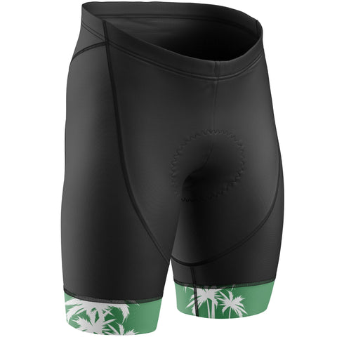 Black cycling shorts with green and white floral design on a white background