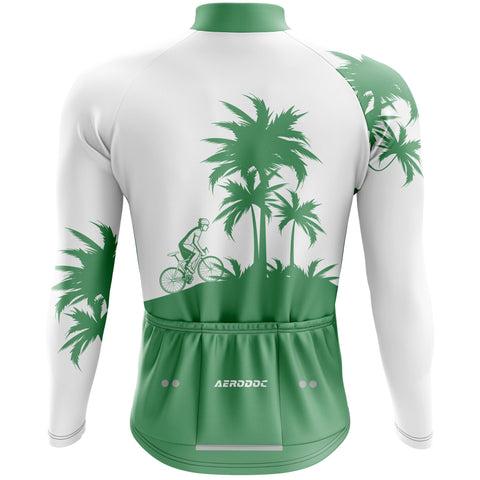 Green and white cycling jersey with palm tree design and 'Aerodoc' branding.